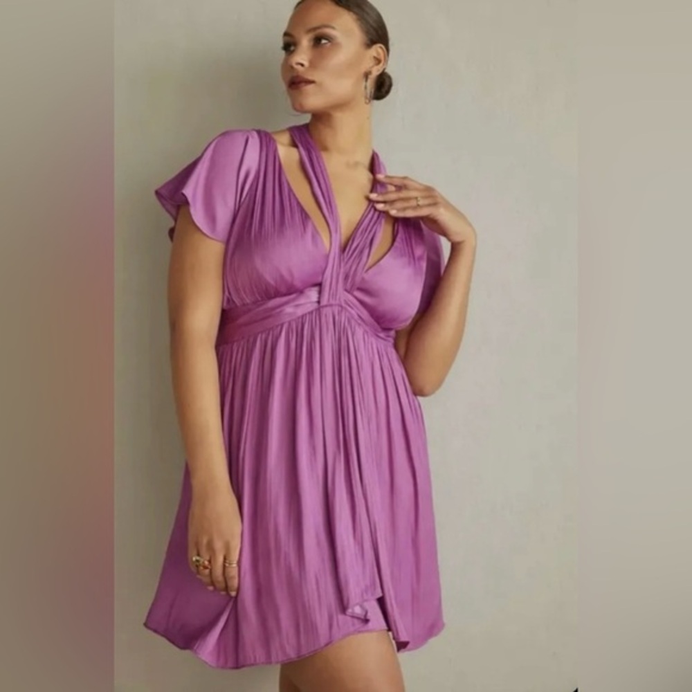 Anthropologie Deep V Purple Mini Dress Size 6